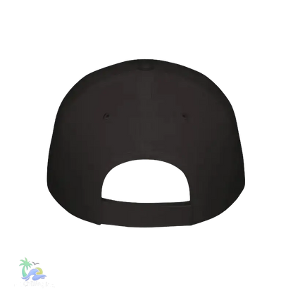 A white baseball cap is shown against a black background.