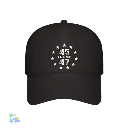 A black baseball cap with a white design on the front.