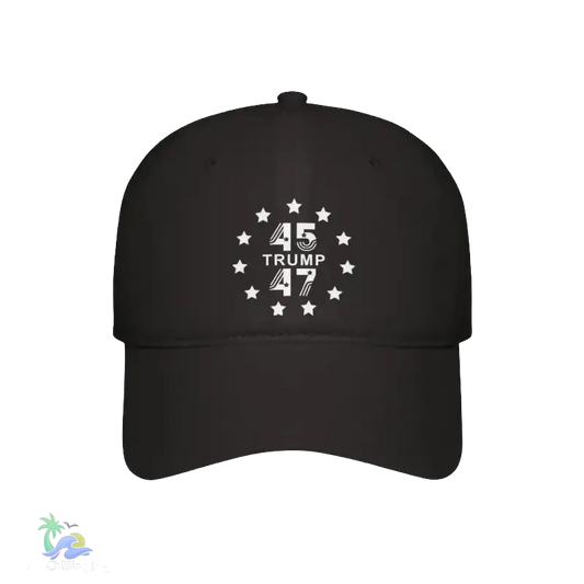 A black baseball cap with a white design on the front.
