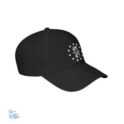 A black baseball cap with white text and stars on the front.