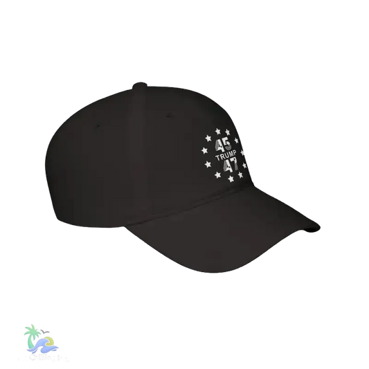 A black baseball cap with white text and stars on the front.