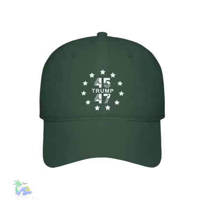A dark green baseball cap with a white design on the front.
