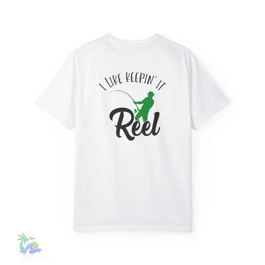 White t-shirt with fishing graphic.