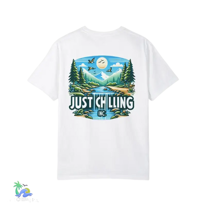 Unisex Garment - Dyed T - shirt Just Chilling at the waterfall - Just Chilling Inc.Just Chilling Inc.