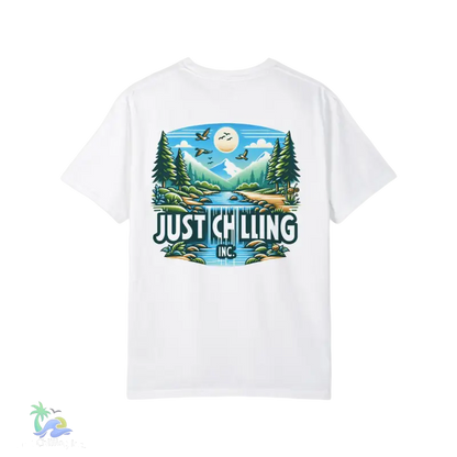 Unisex Garment - Dyed T - shirt Just Chilling at the waterfall - Just Chilling Inc.Just Chilling Inc.