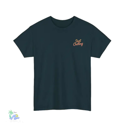 A dark green t-shirt with a small, embroidered logo on the left side that says "Just Chilling".