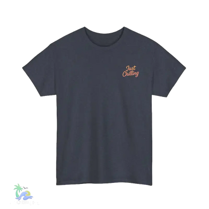 A gray t-shirt with a small, printed text on the left side of the chest area.
