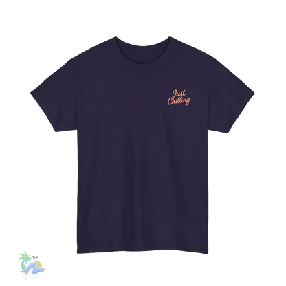 A dark purple t-shirt with a small, handwritten text embroidered on the left side.