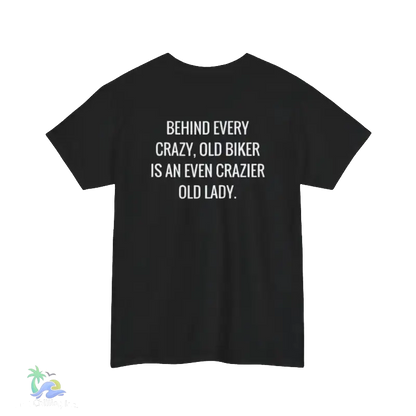 The image is a black t-shirt with white text printed on it.