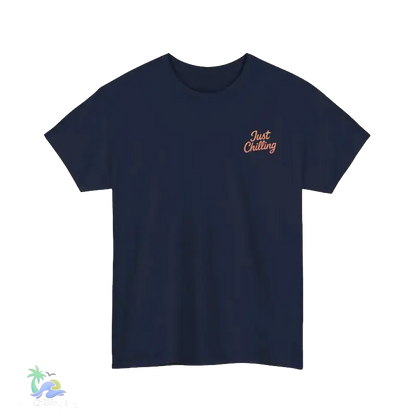 A navy blue t-shirt with a small orange text logo on the left side.