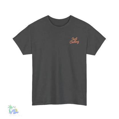 A gray t-shirt with a small, handwritten text on the left side of the chest.