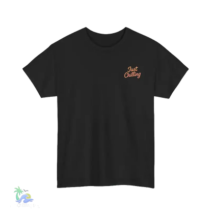 A black t-shirt with a small, embroidered logo on the left side.