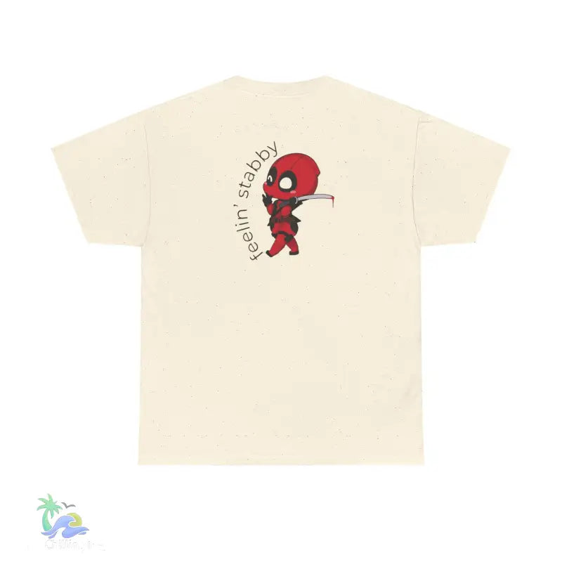Cream-colored t-shirt with Deadpool graphic.