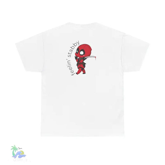 White t-shirt with cartoon Deadpool design.