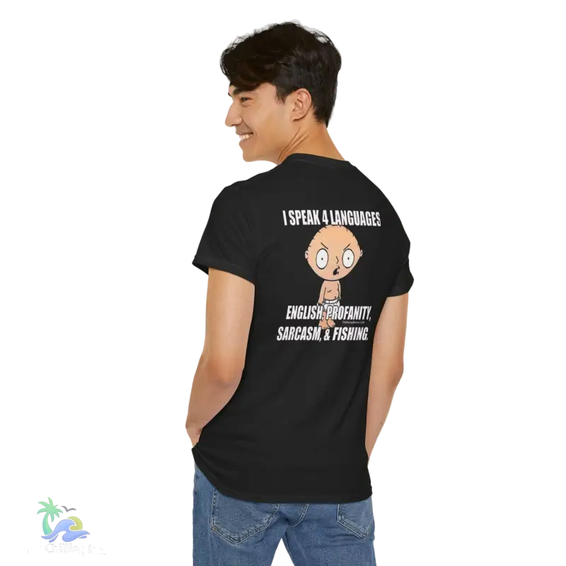 a man wearing a black shirt with a cartoon character on it