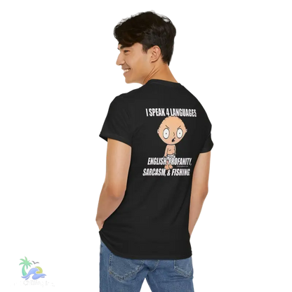 a man wearing a black shirt with a cartoon character on it