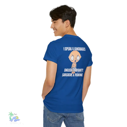 a man wearing a blue t - shirt with a cartoon character on it