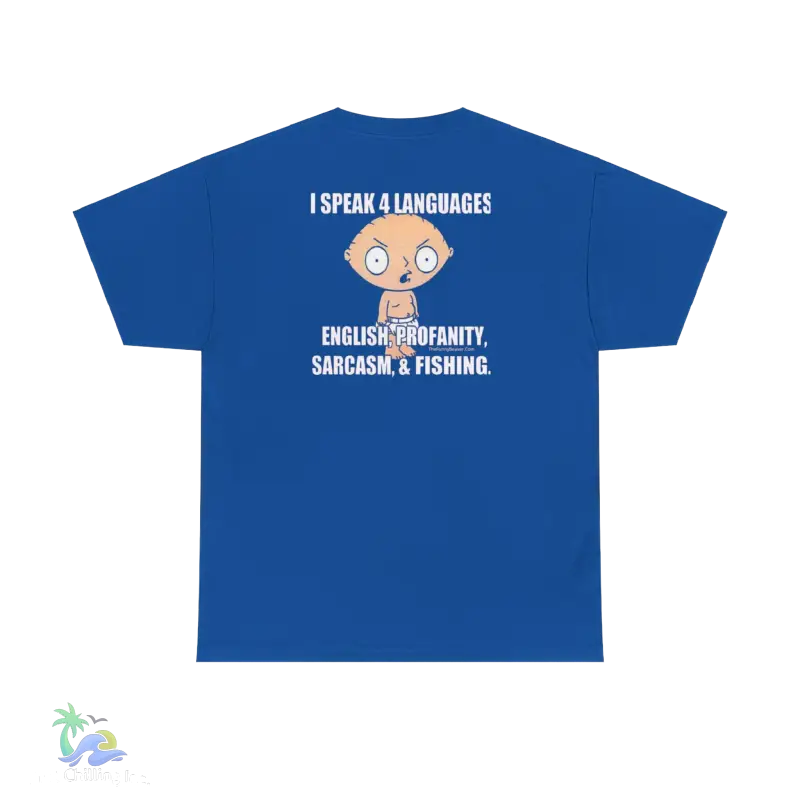 a blue t - shirt that says i speak languages, english, important, snake