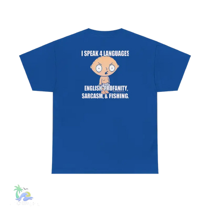 a blue t - shirt that says i speak languages, english, important, snake