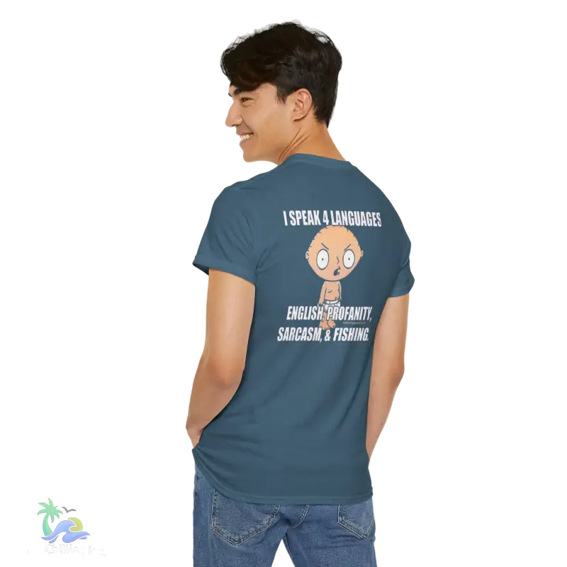 a man wearing a t - shirt with a cartoon character on it