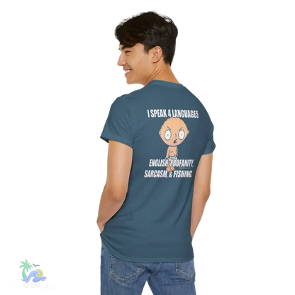 a man wearing a t - shirt with a cartoon character on it