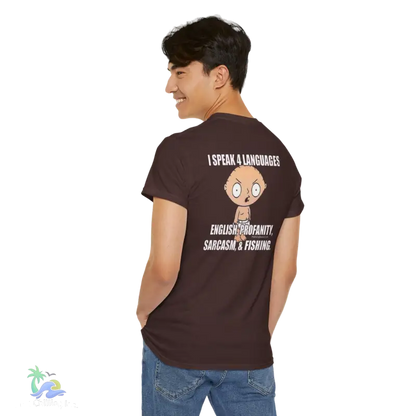 a man wearing a brown t - shirt with a cartoon character on it