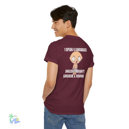 a man wearing a maroon t - shirt with a cartoon character on it