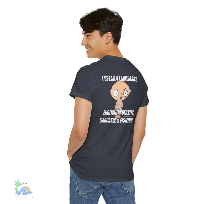 a man wearing a t - shirt with a cartoon character on it