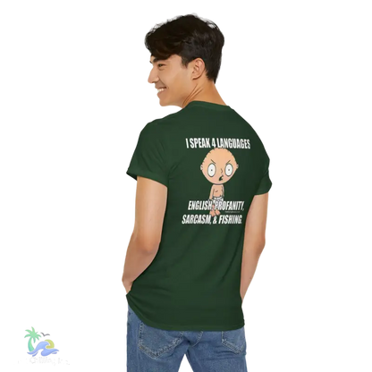a man wearing a green t - shirt with a cartoon character on it