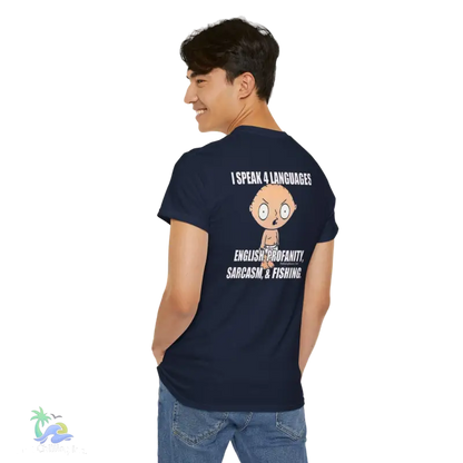 a man wearing a t - shirt with a cartoon character on it