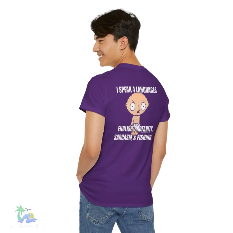 a man wearing a purple shirt with a cartoon character on it