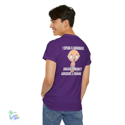 a man wearing a purple shirt with a cartoon character on it