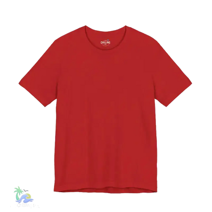 A red t-shirt is shown against a black background.