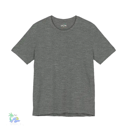 A plain gray t-shirt against a black background.