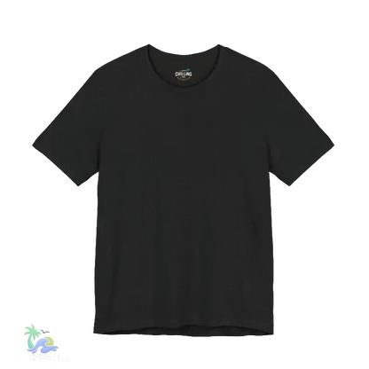 A plain black t-shirt against a black background.