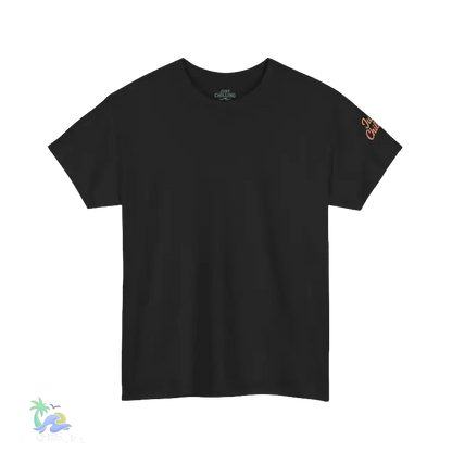 A black t-shirt with a small logo on the left sleeve.
