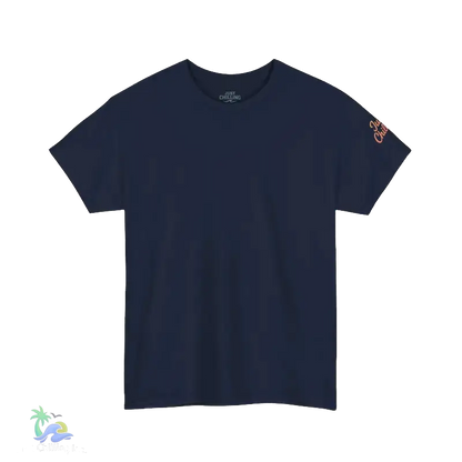 A navy blue t-shirt with a small logo on the left sleeve.