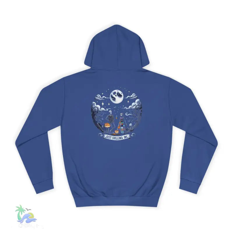 Blue hooded sweatshirt with Halloween graphic.