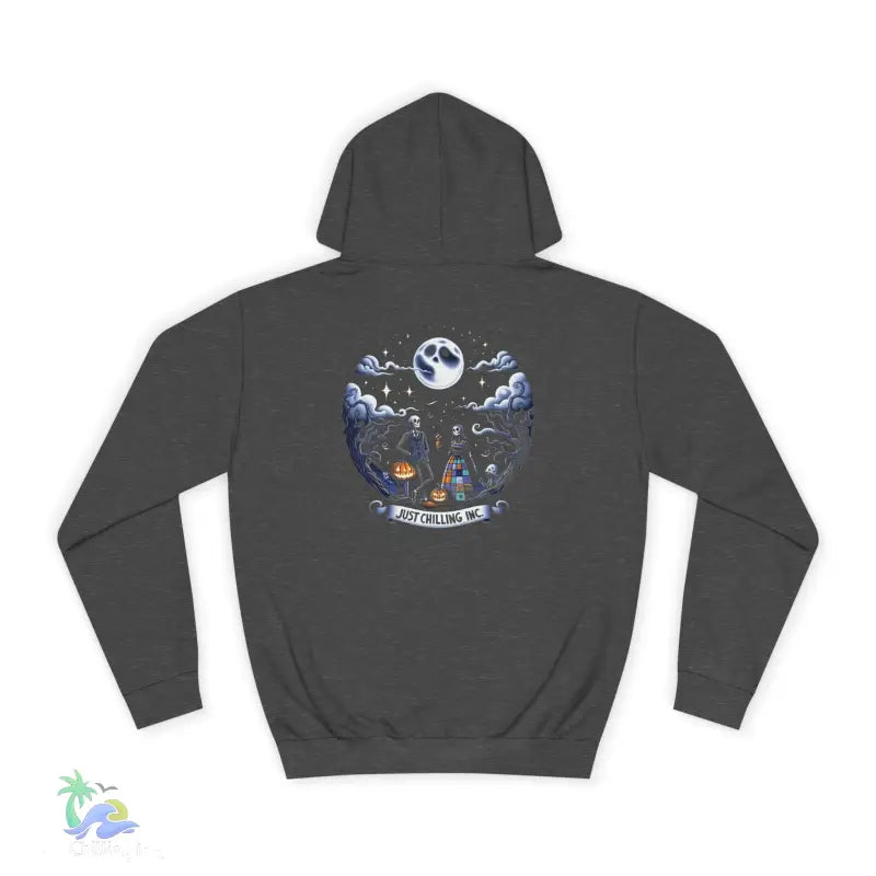 Gray hooded sweatshirt with Halloween design.