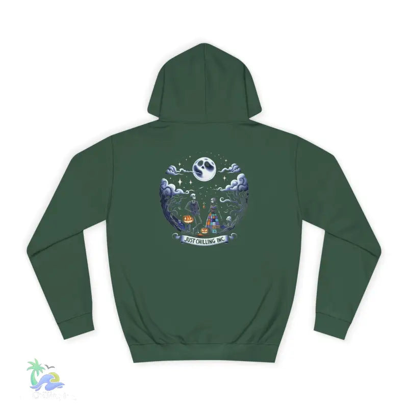 Green hoodie with Halloween graphic.