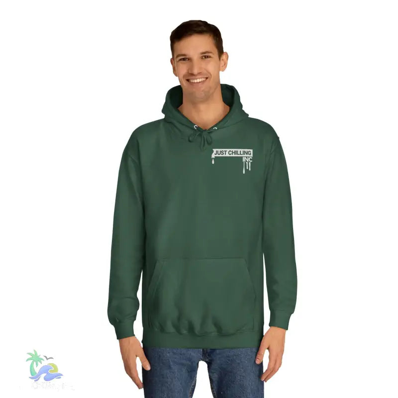 Green hoodie with white logo.