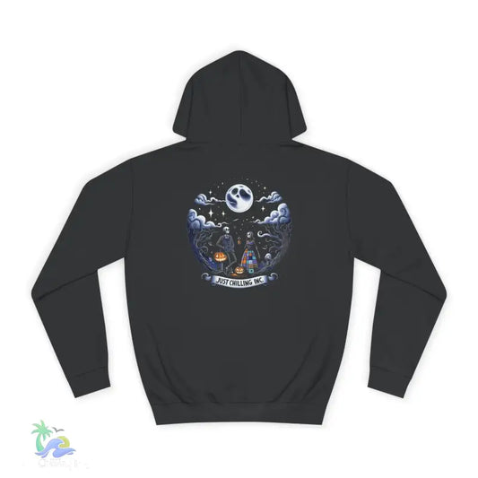 Gray hooded sweatshirt with Halloween design.