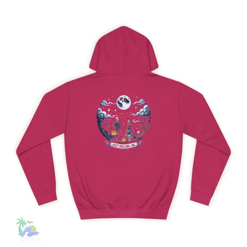 Magenta hoodie with Halloween graphic.