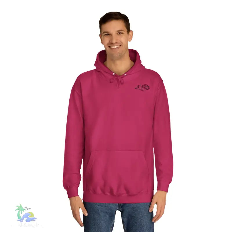 Magenta hooded sweatshirt.