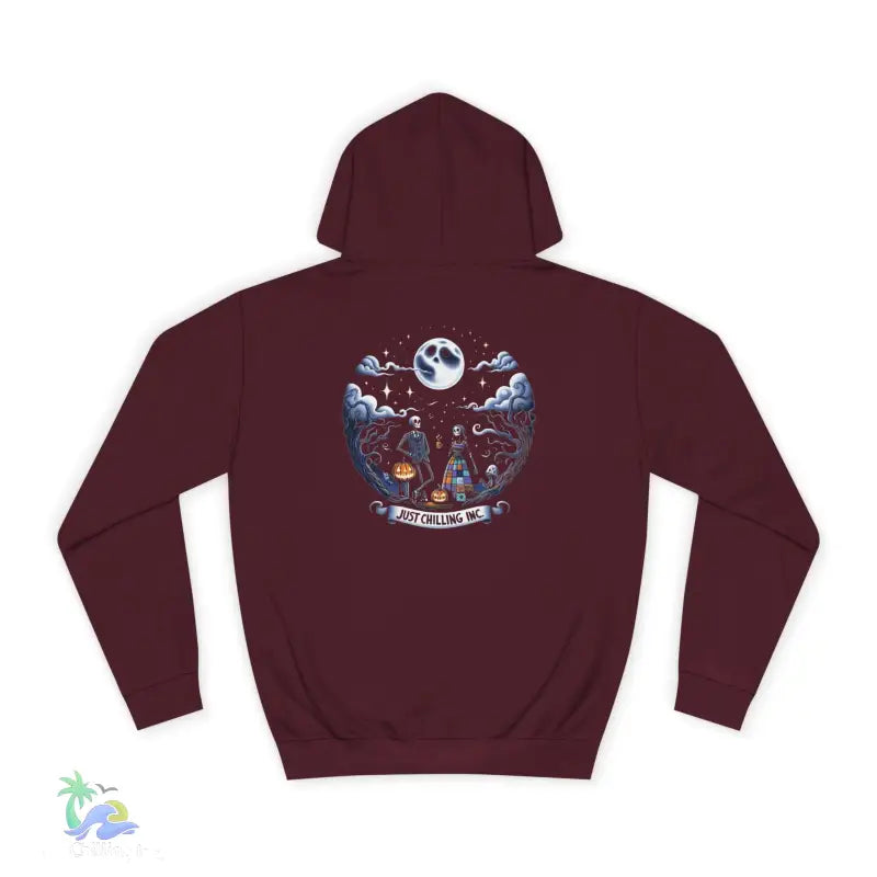Maroon hoodie with Halloween graphic.