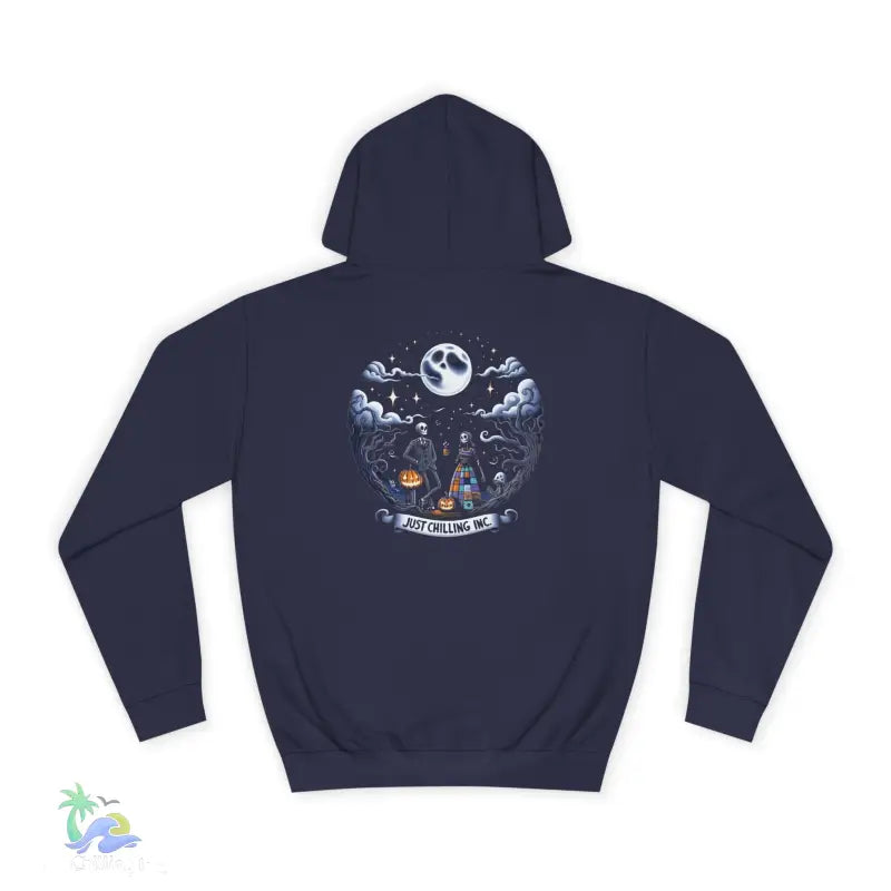Navy blue hoodie with Halloween graphic.