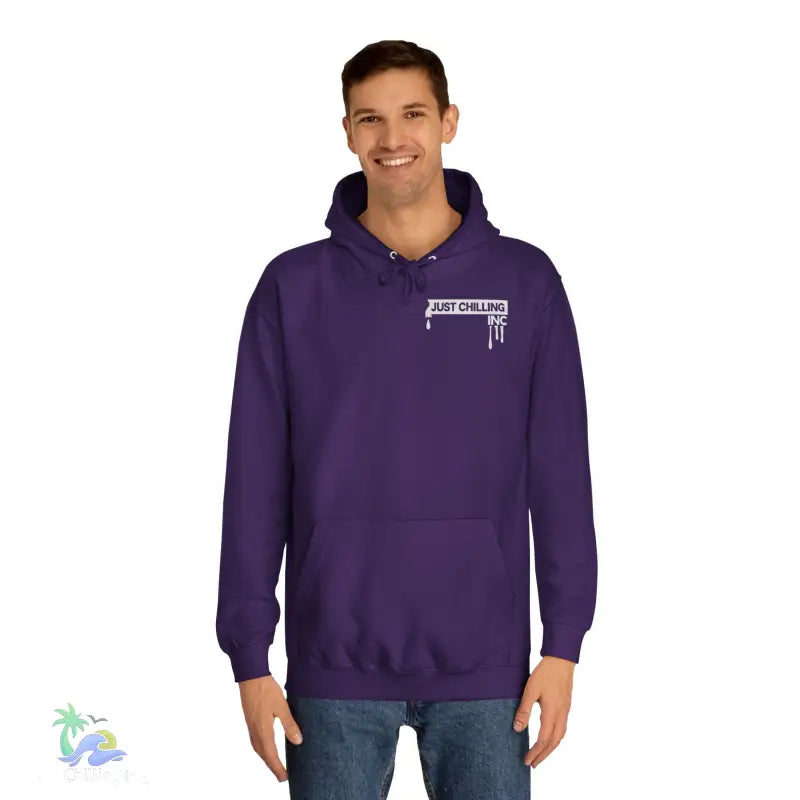 Purple hoodie with white logo.