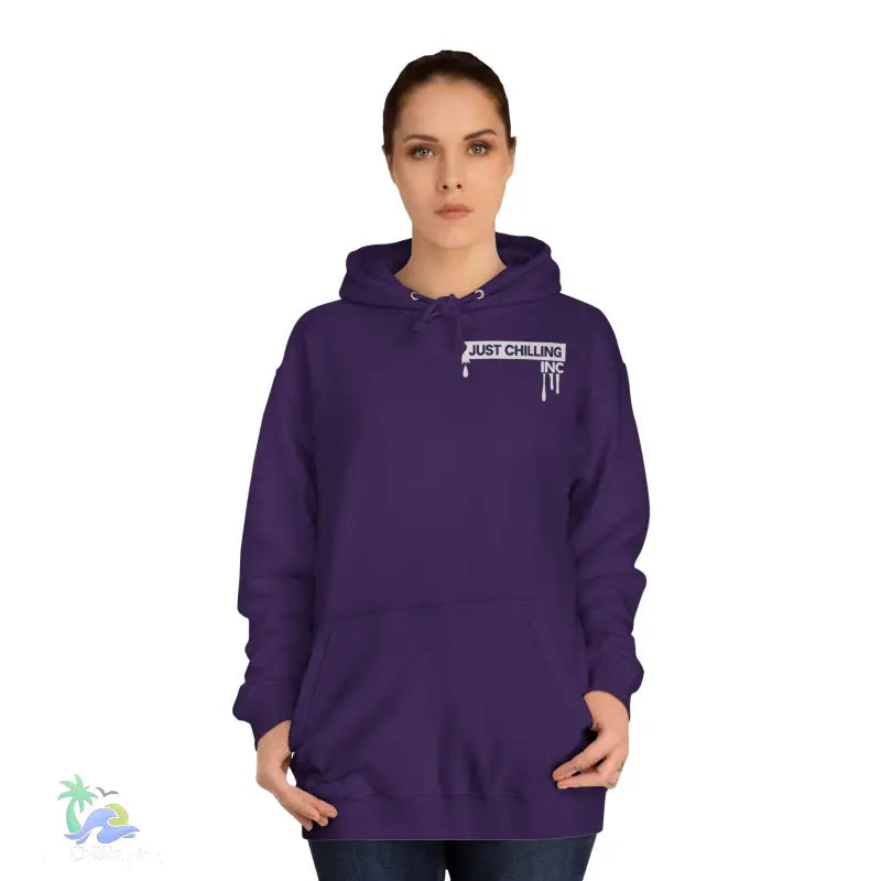 Purple hoodie with white logo.
