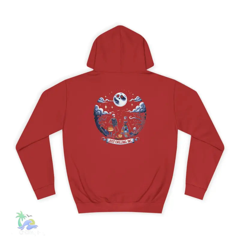 Red hoodie with Halloween graphic.
