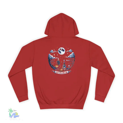 Red hoodie with Halloween graphic.